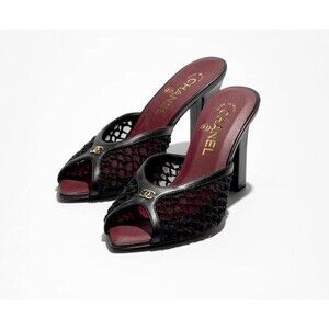 NEW Chanel 26M Coco Beach Mules black Mesh/Cotton/Lambskin/Resin/ Size 37